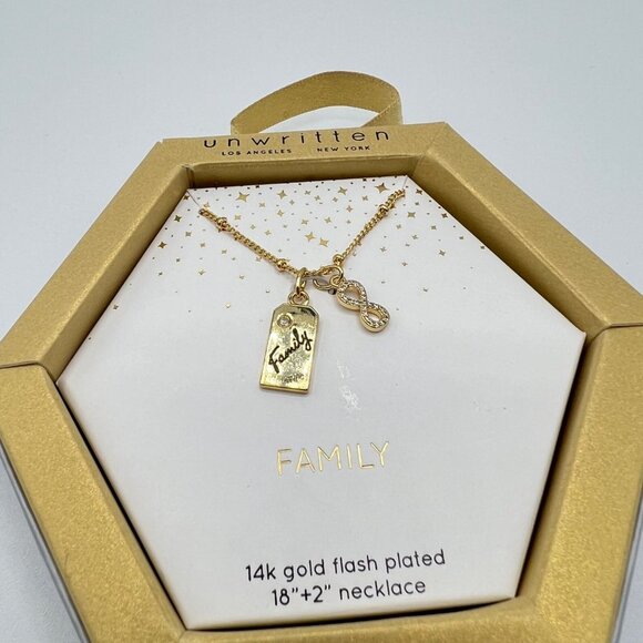 UNWRITTEN Cubic Zirconia "Family" Tag Charm Necklace in Gold-Tone MSRP $50 NWT - Picture 4 of 7